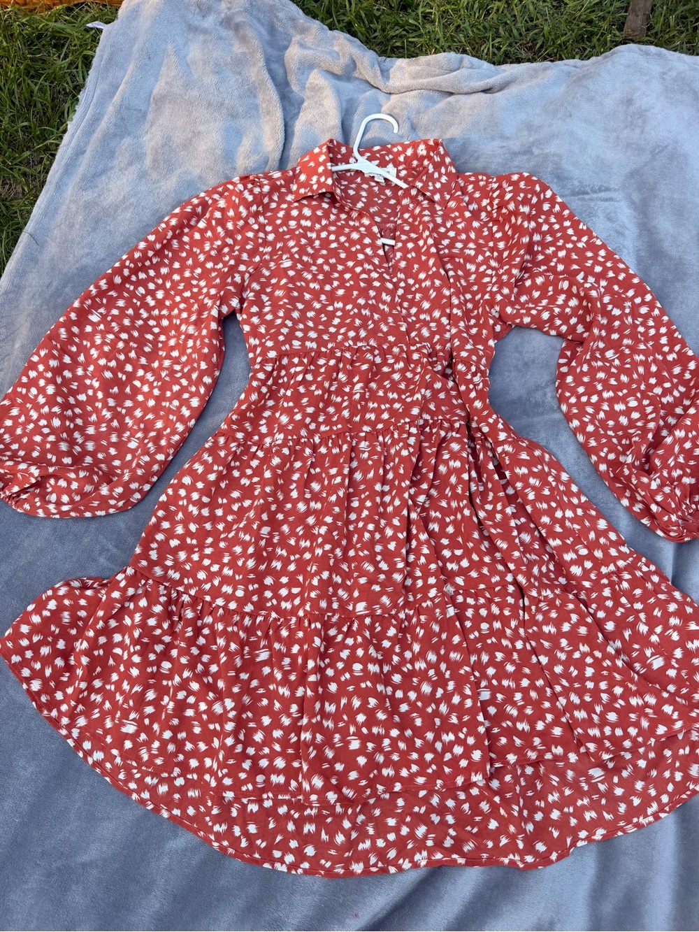 Umgee Rust Red Floral Tiered Puff-Sleeve Dress size S